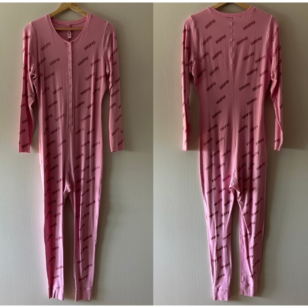 SKIMS Rhinestone Logo Pointelle Henley Onesie Bubble Gum Pink 2X